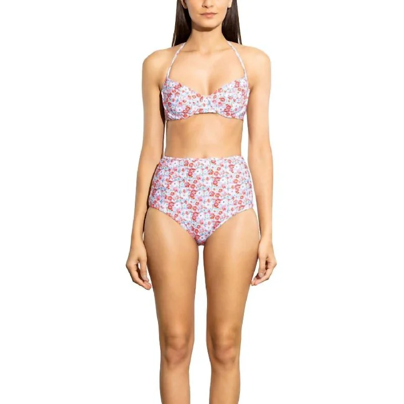 Ditzy Blossom High Waisted Bikini Bottom In Magenta Multi