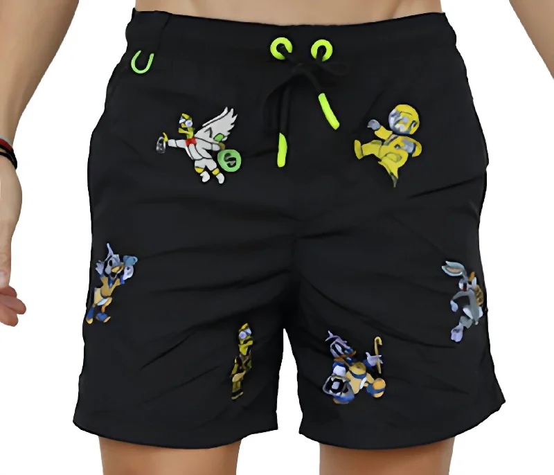 Men's Cartoon Allover Swimwear Shorts In Black