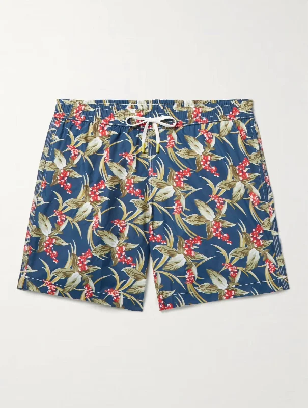 Men's Short Swimwear In Blue And Red Floral Print