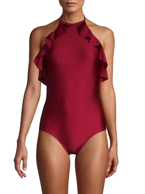 Ruffle Halter One Piece Swimsuit In Syrah