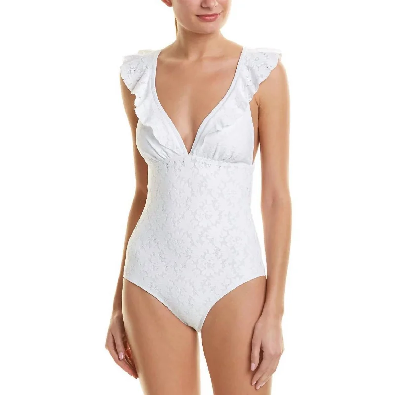 Ruffle Neck One Piece Swimsuit In White