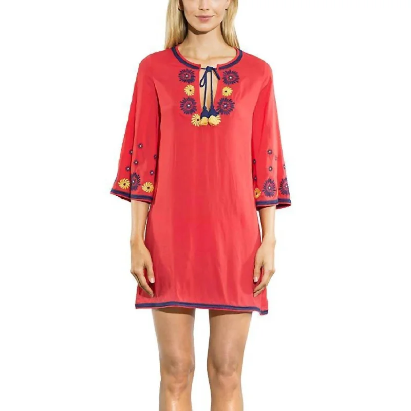 Floral Embroidery Tie Neck Tunic Cover Up In Red/multi