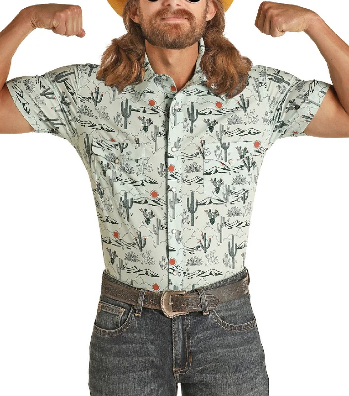 Men's Slim Fit Cactus Print Short Sleeve Snap Shirt