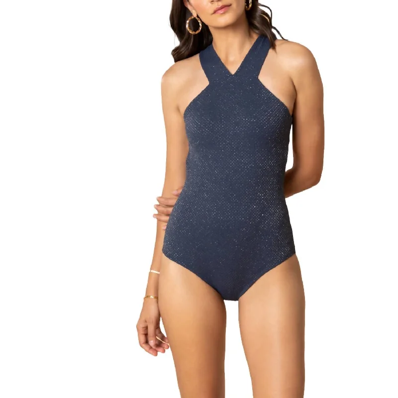 Shine Texture High Neck One Piece In Navy/gold