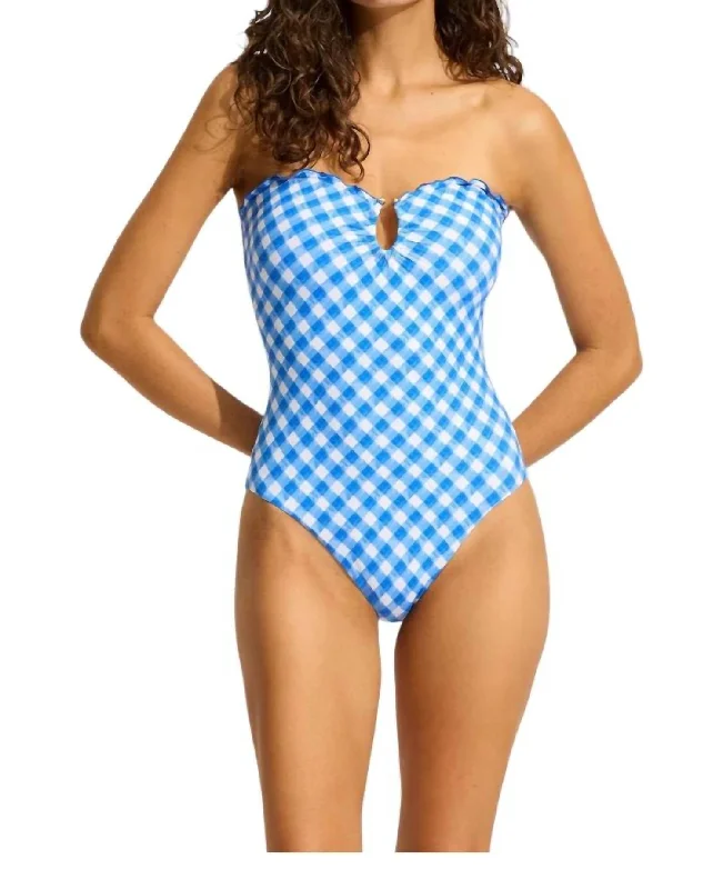 Bandeau One Piece Swimsuit In Blue Check