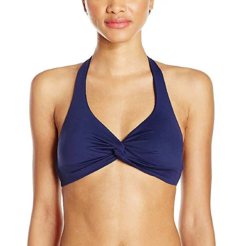 Solid Soft Twist Halter Bikini Top In Navy