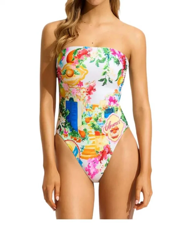 Bandeau Postcard Print One Piece In White Multi