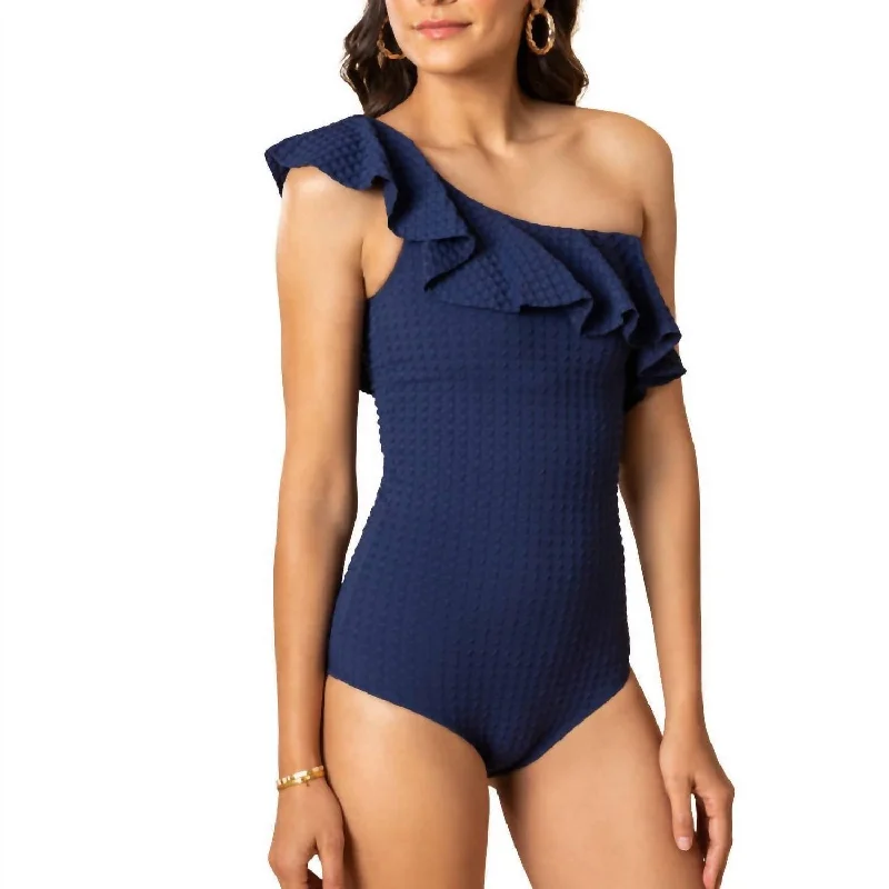 Solid One Shoulder Ruffle One Piece In Navy Gingham