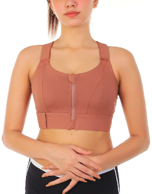 LOSHA PREMIUM QUALITY FRONT CLOSURE PADDED HIGH IMPACT SPORTS BRA WITH ADJUSTABLE WAIST BAND-RUST